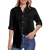 YAMANMAN Women Satin Blouse Long Sleeves Button Down Shirts V Neck Loose Blouse Business Casual Work Top