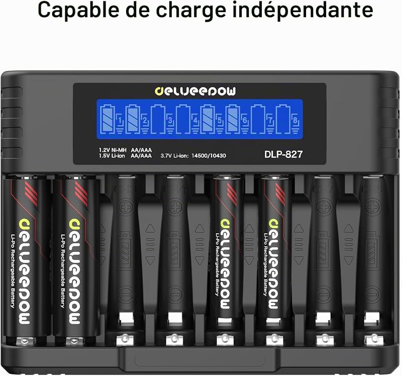 Pile Rechargeable AA Lithium 1,5 V 3400mWh Haute capacité, Pile AA Rechargeable avec Chargeur Lot de 8 1500 Cycles — photo 5 sur 7