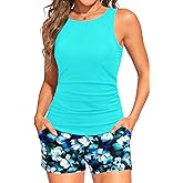 Tankini Swimsuits with Shorts - Two Piece Tummy Control Bathing Suits High Neck Swimwear with Two Side Pockets