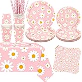 KEFAN Pink Daisy Birthday Party Decorations, Daisy Theme Party Tableware Supplies including Plates, Cups, Napkins, Tablecloth (20)