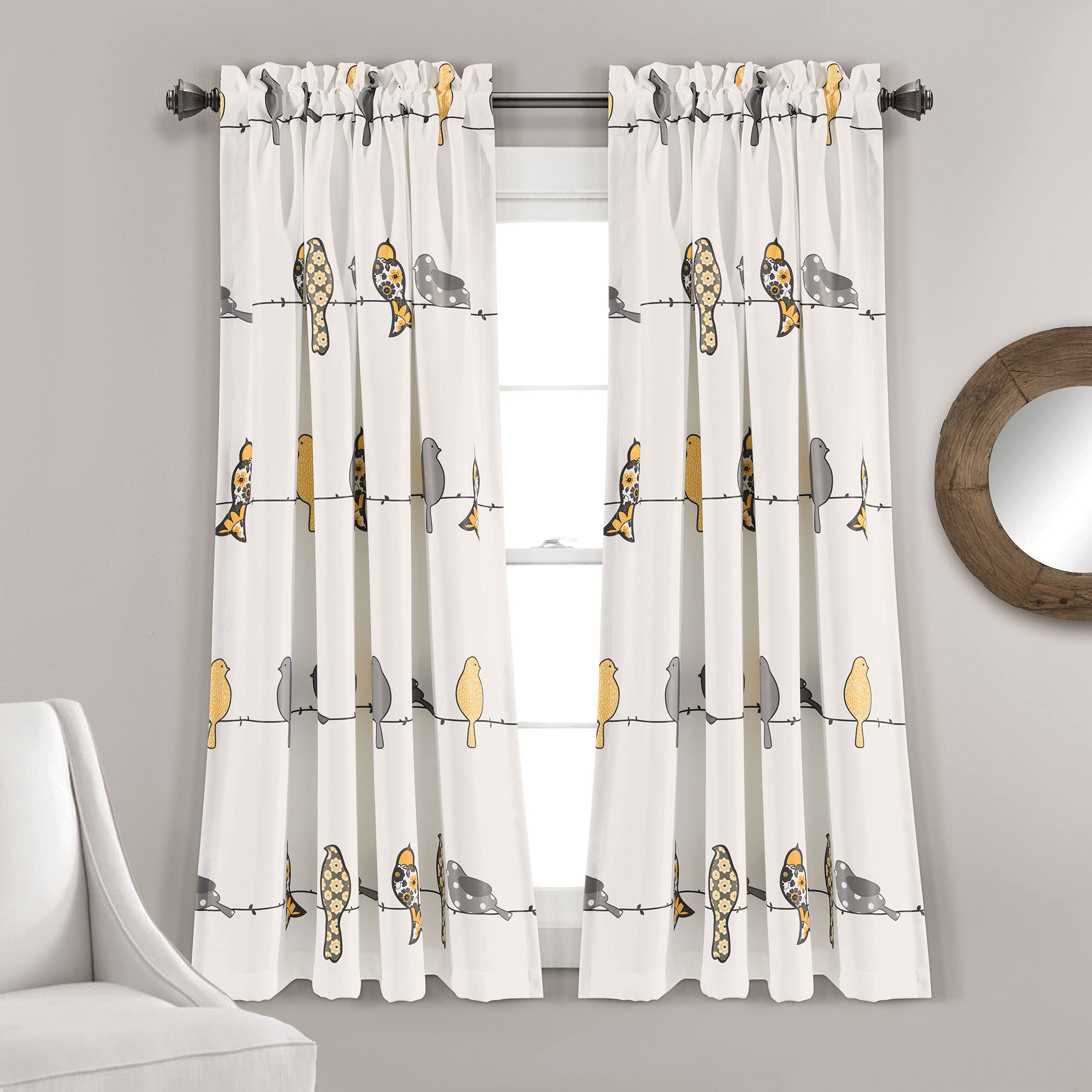 Lush Decor Rowley Birds Light Filtering Window Curtain Panels, Pair, 52" W x 63" L, Yellow & Gray - Colorful Floral Print - Whimsical & Playful Bird Curtains For Bedroom, Living Room, Or Dining Room