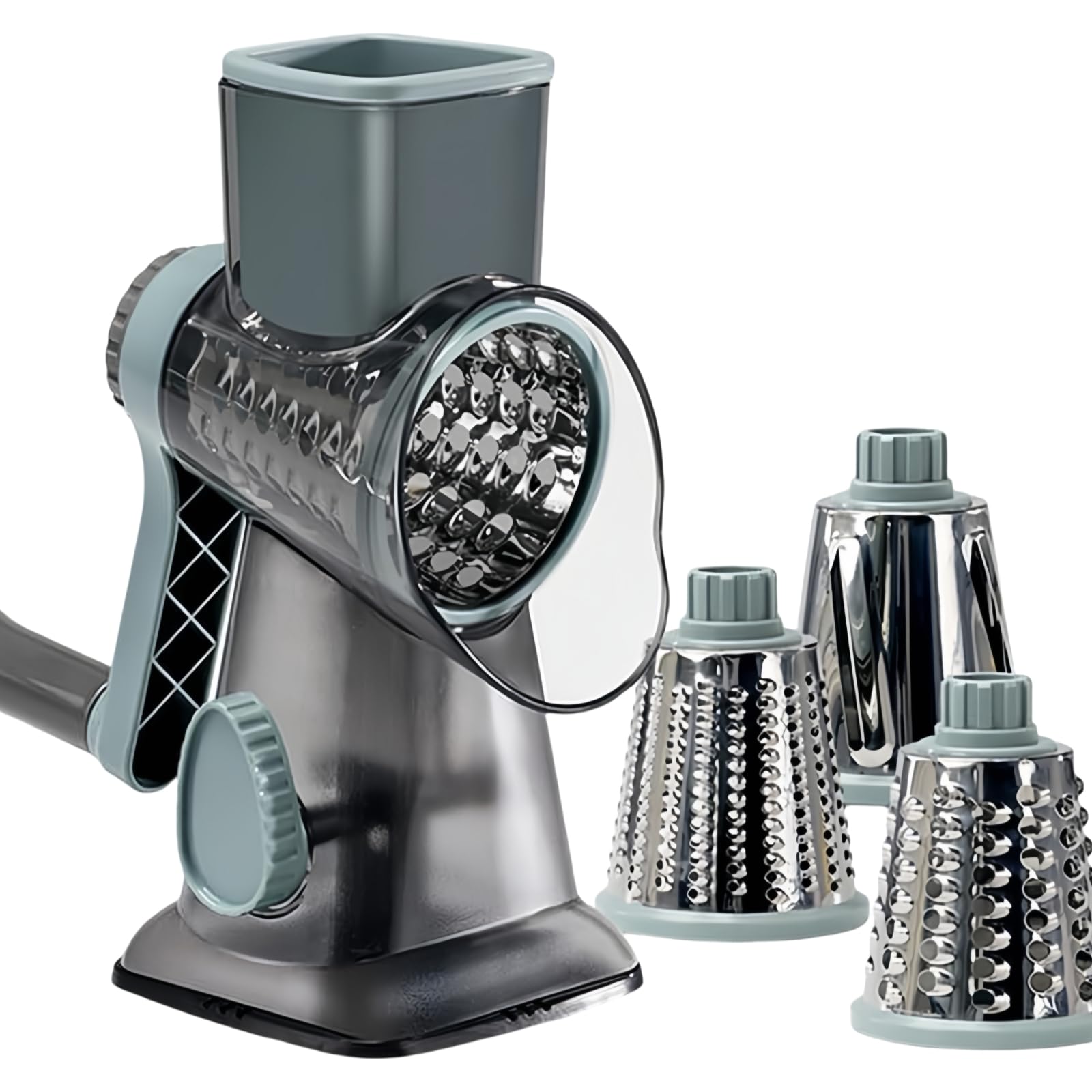 LacusMare Rotary Cheese Grater with 3 Blades for Slicing, Coarse Grating & Fine Shredding, Graters for Kitchen with Stable Suction Base, Vegetable Slicer for Cucumber, Carrot, Potato, Nuts (Blue)