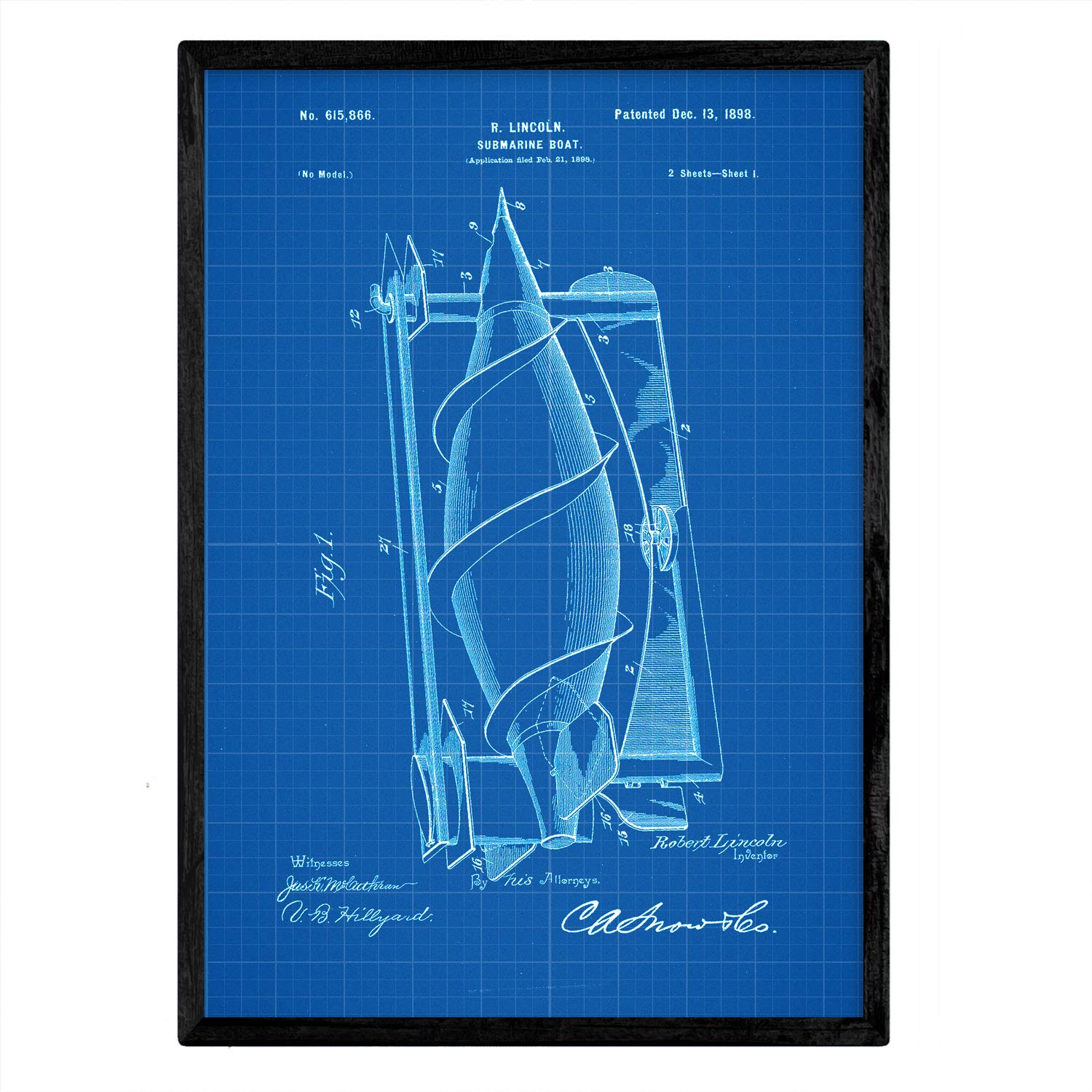 Nacnic Poster Submarine patent. Sheet with old design patent A3 size with blue background