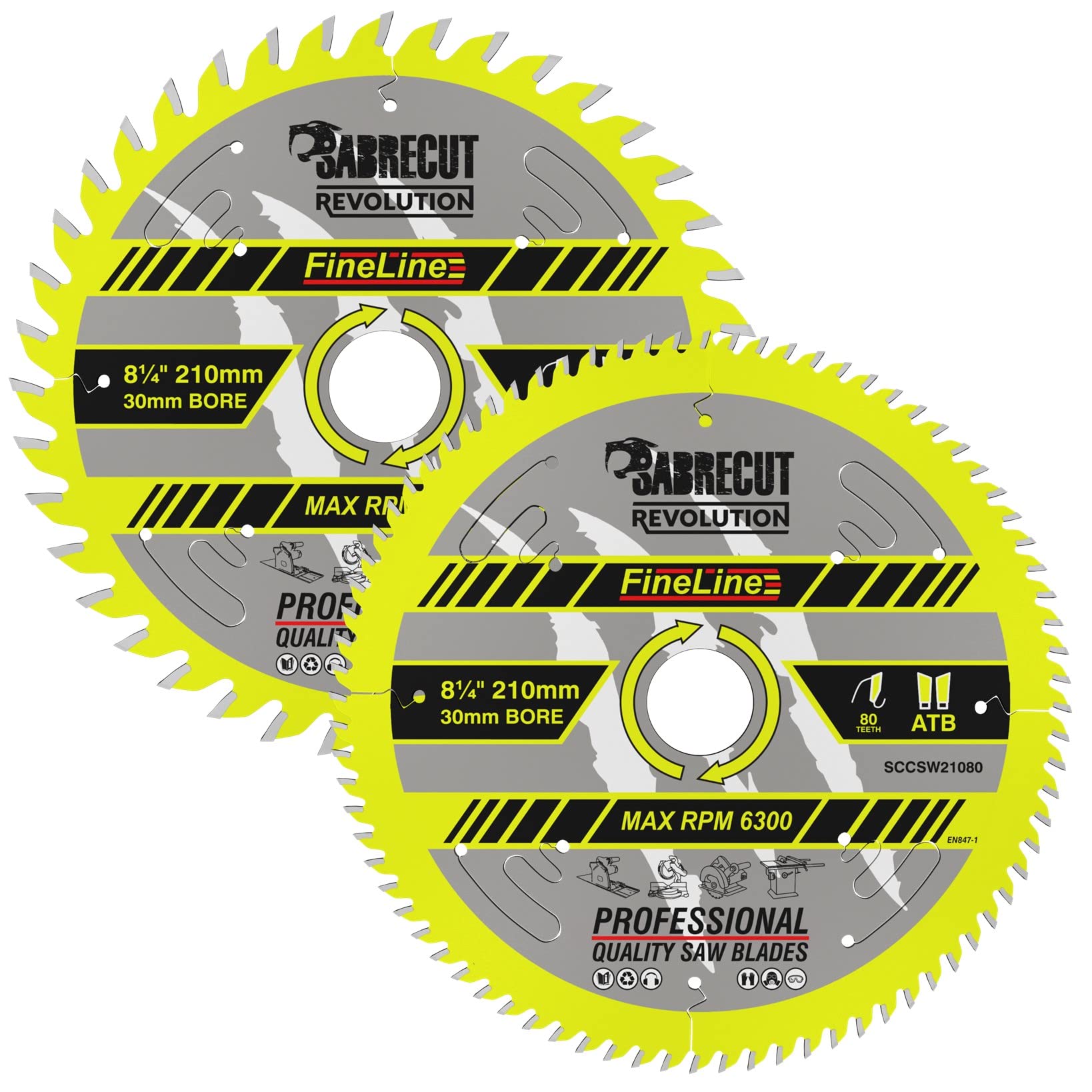 2 x SCCSW210K1 SabreCut 210mm 40T and 80T x 30mm Bore FineLine Thin Kerf Wood Plywood MDF Chipboard Cross Cutting and Rip Cutting Saw Blades