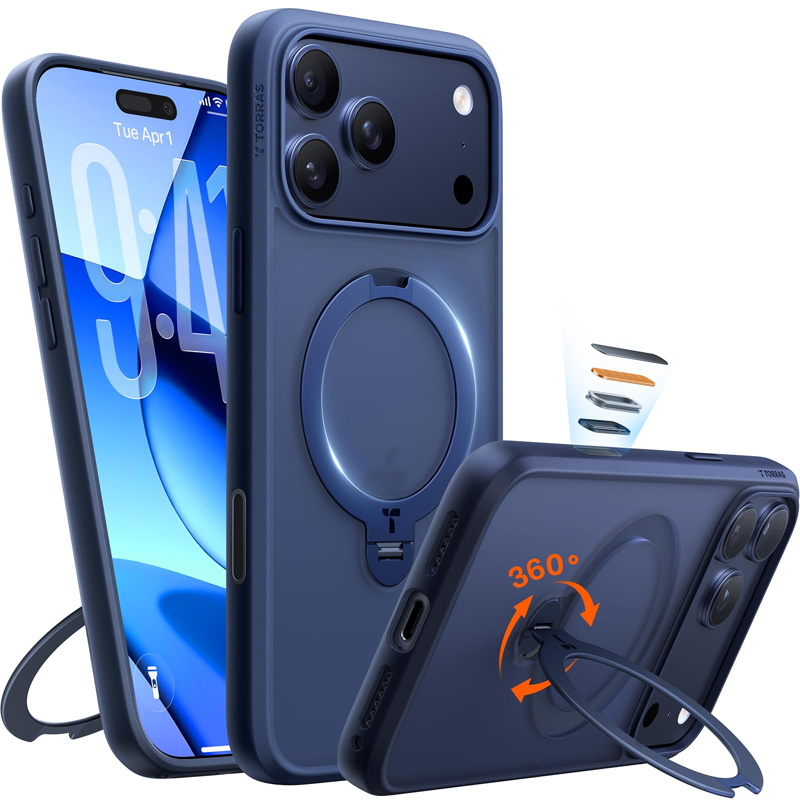 Photo 1 of TORRAS Q3 Spin for iPhone 17 Pro Case, Patented 360 Magnetic Stand, Fit for MagSafe, Built-in Ring Holder Kickstand, Military Grade Protective Phone Case for iPhone 17 Pro, Camera Control, Deep Blue