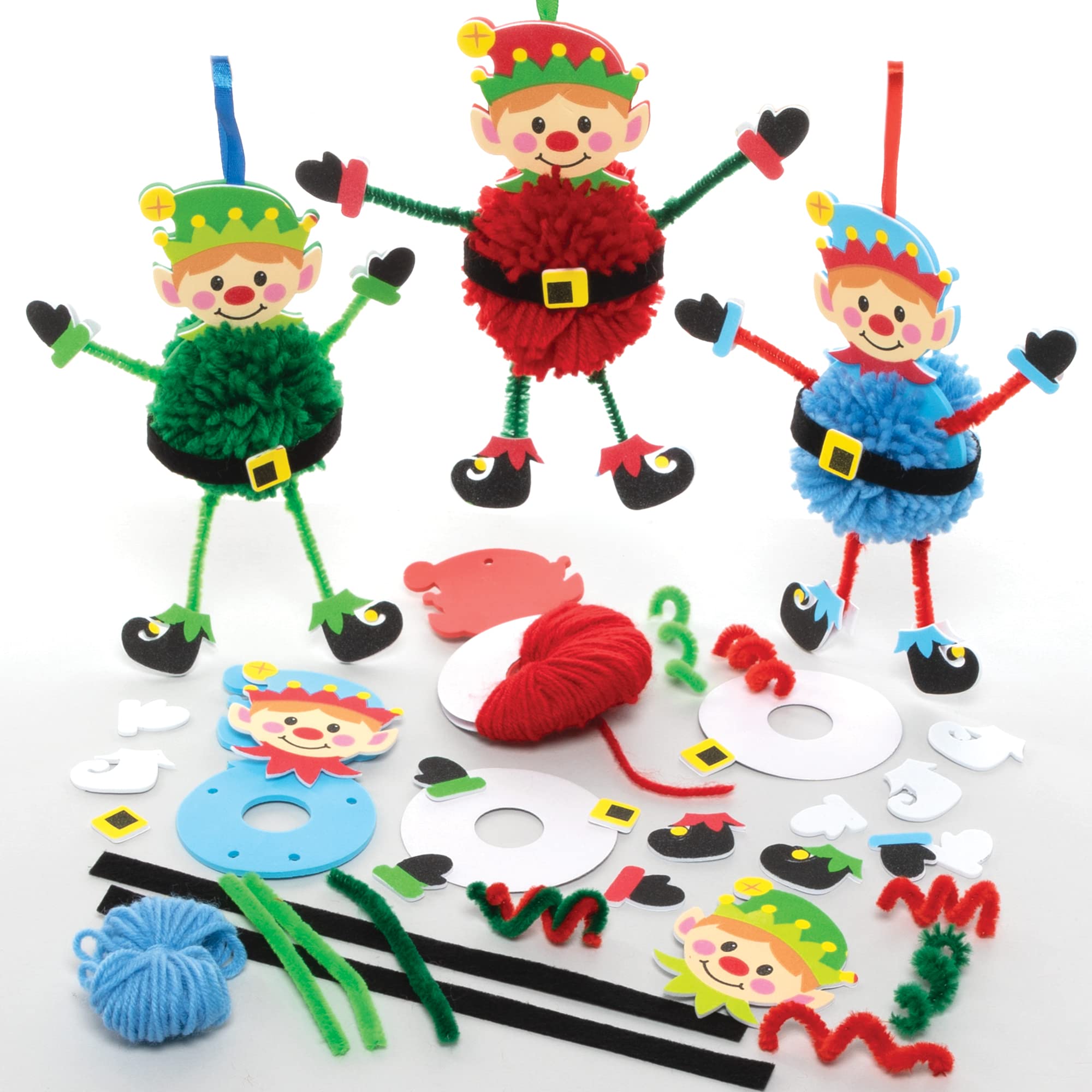 Baker Ross FE965 Christmas Elf Pom Pom Kits - Pack of 3, Crafts, Decorations for Children to Make, Decorate and Display, Creative Activities for Kids