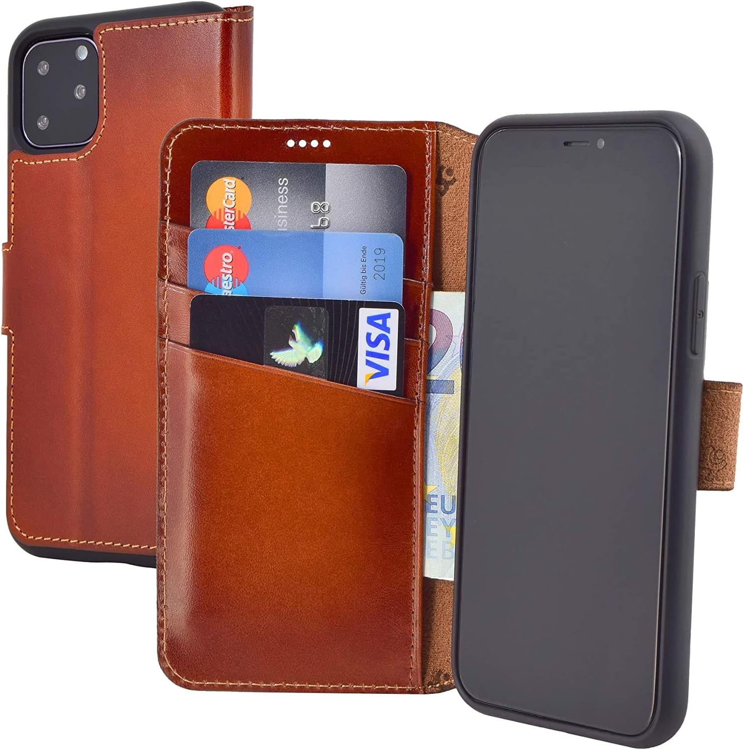 Suncase Book-style case compatible with iPhone 12 (6.1 inch) leather case (slim fit) leather mobile phone case protective case with 3 card slots in burned cognac