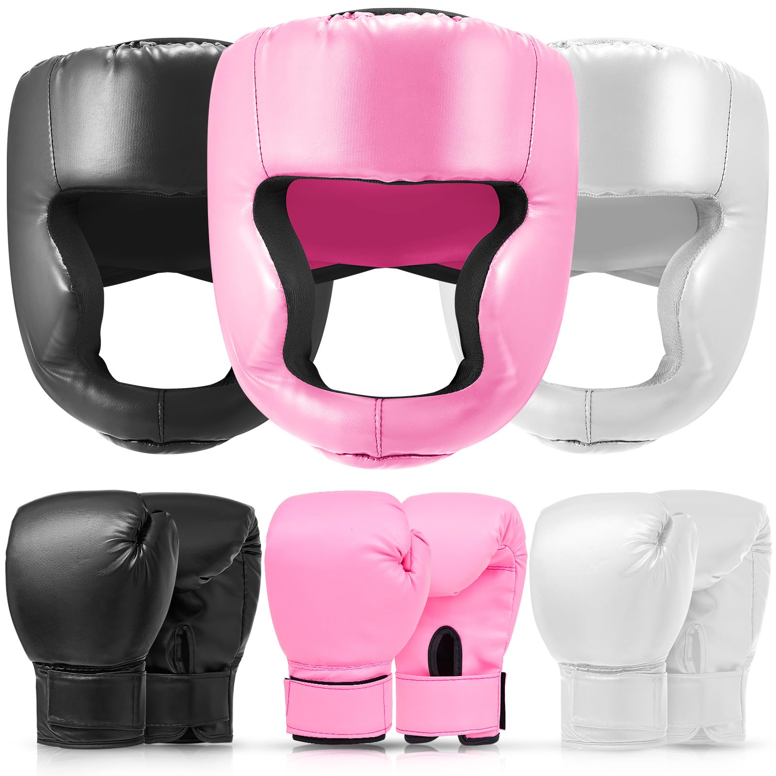 Photo 1 of **DIRTY** VERY USED**Kanayu 3 Pieces Boxing Headgear and 3 Pairs Gloves Set Shockproof Leather Boxing Helmet Safety Head Guard Punching Bag Gloves for Men Women Youth Beginners(Black, White, Pink)
