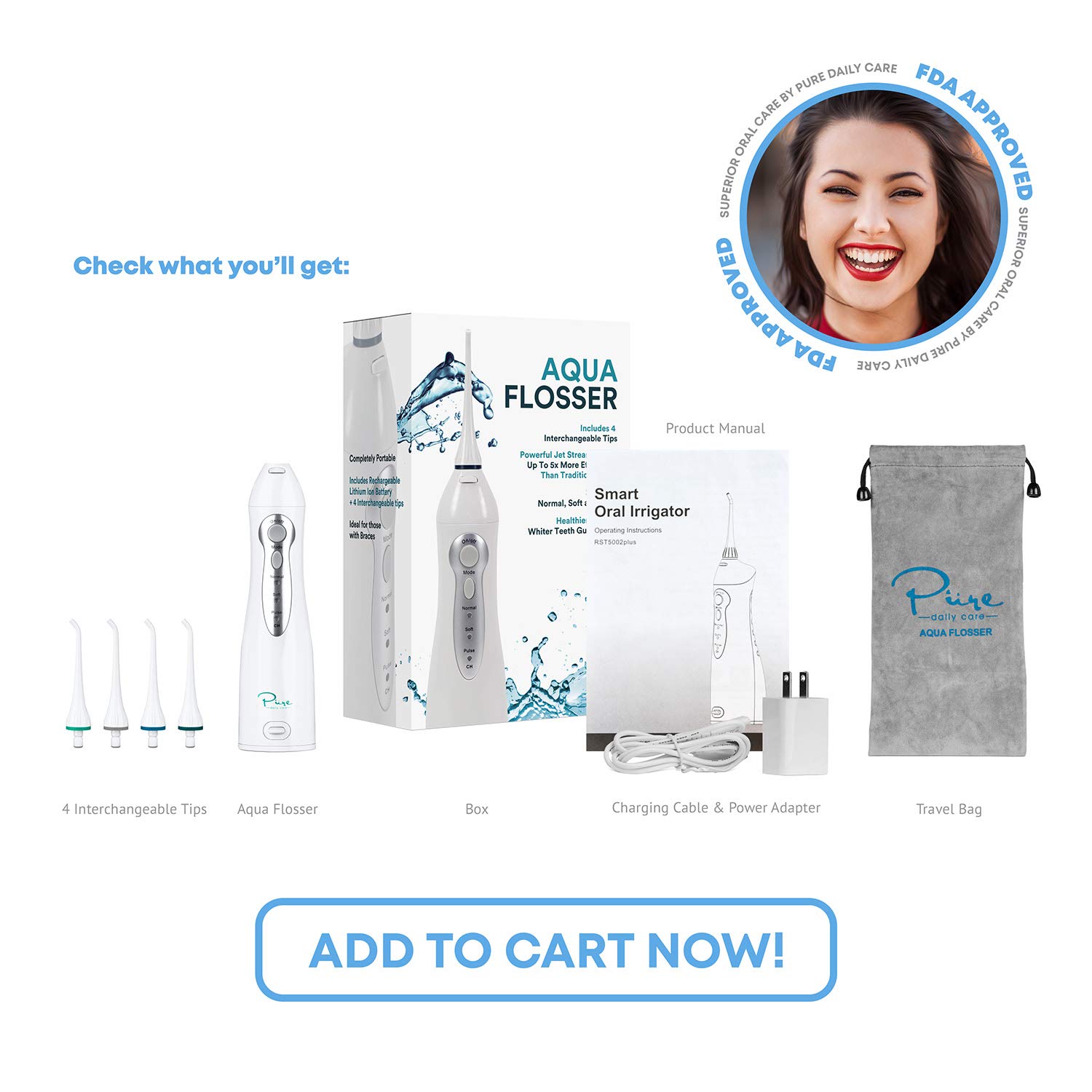 Aqua Flosser - Professional Rechargeable Oral irrigator with 4 tips and 4 dental tools - Oral Irrigator w/ 3 Modes - Portable & Cordless Flosser - Kids and Braces - Dentist Recommended: Beauty