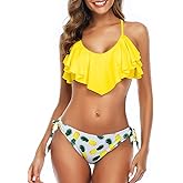 Tempt Me Two Piece Flounce Bikini Side Tie Bottom Padded Ruffled Top Swimsuit for Women Cross Back Bathing Suit