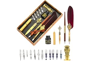 Joyeee Quill and Ink Set with Wax Seal, Golden Wax Stamp for Letter Sealing, Calligraphy Wooden Drawing Pen, 17 Calligraphy Nibs, Metal Letter Opener, Black Ink Bottle and Gift box, Wine Red
