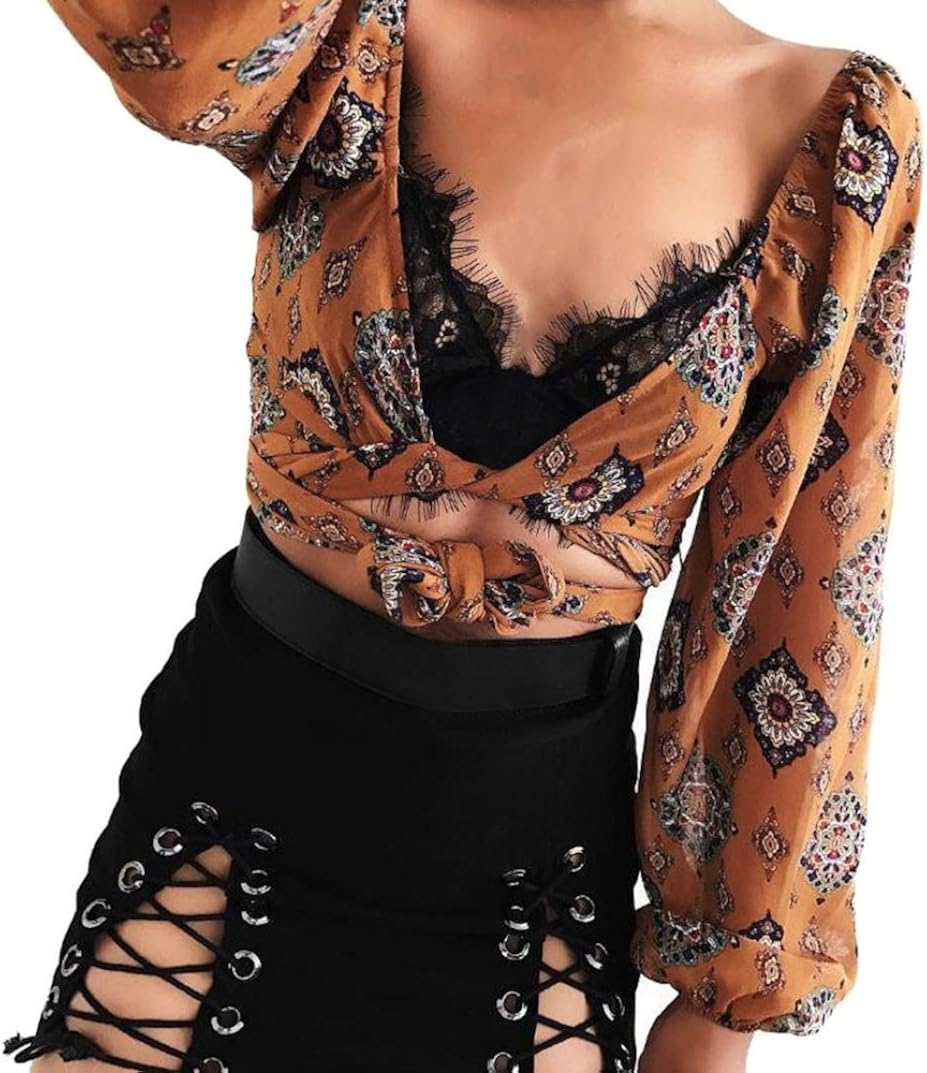 plunging neck tied bowknot crop blouse