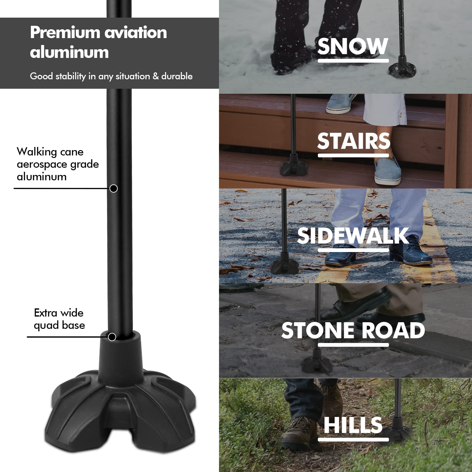 GPTCAMP G1 Walking Stick, Walking Cane for Women & Men with Wrist Strap, Lightweight & Sturdy Offset EVA Handle, Large Quad Base, Self Standing for Seniors and People with Injuries & Recovery