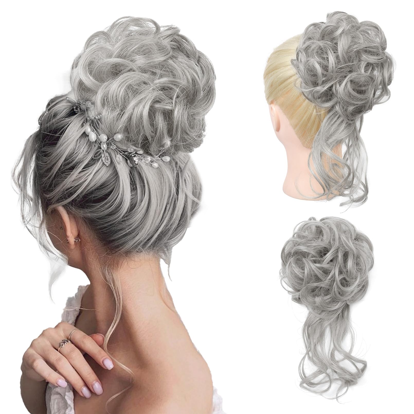 REECHO Messy Bun Hair Piece, Tousled Updo Elastic Hair Bun Hair Piece for Women Synthetic Messy Hair Bun Donut Accessories Scrunchies - Silver Grey