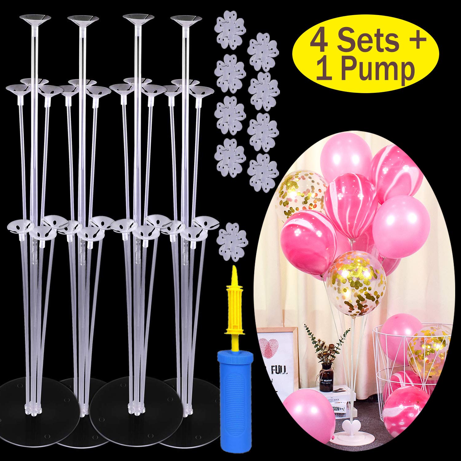 Ansior 4 Sets of Clear Table Balloon Stand Kit with 10 Balloon Clips, 1