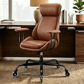 E-Motie Leather Executive Office Chair, Computer Desk Chair, Brown | Ergonomic, Rubber Wheels, Lumbar Support, 360&deg; Swivel, High Back, Adjustable Height, for Modern Home Office