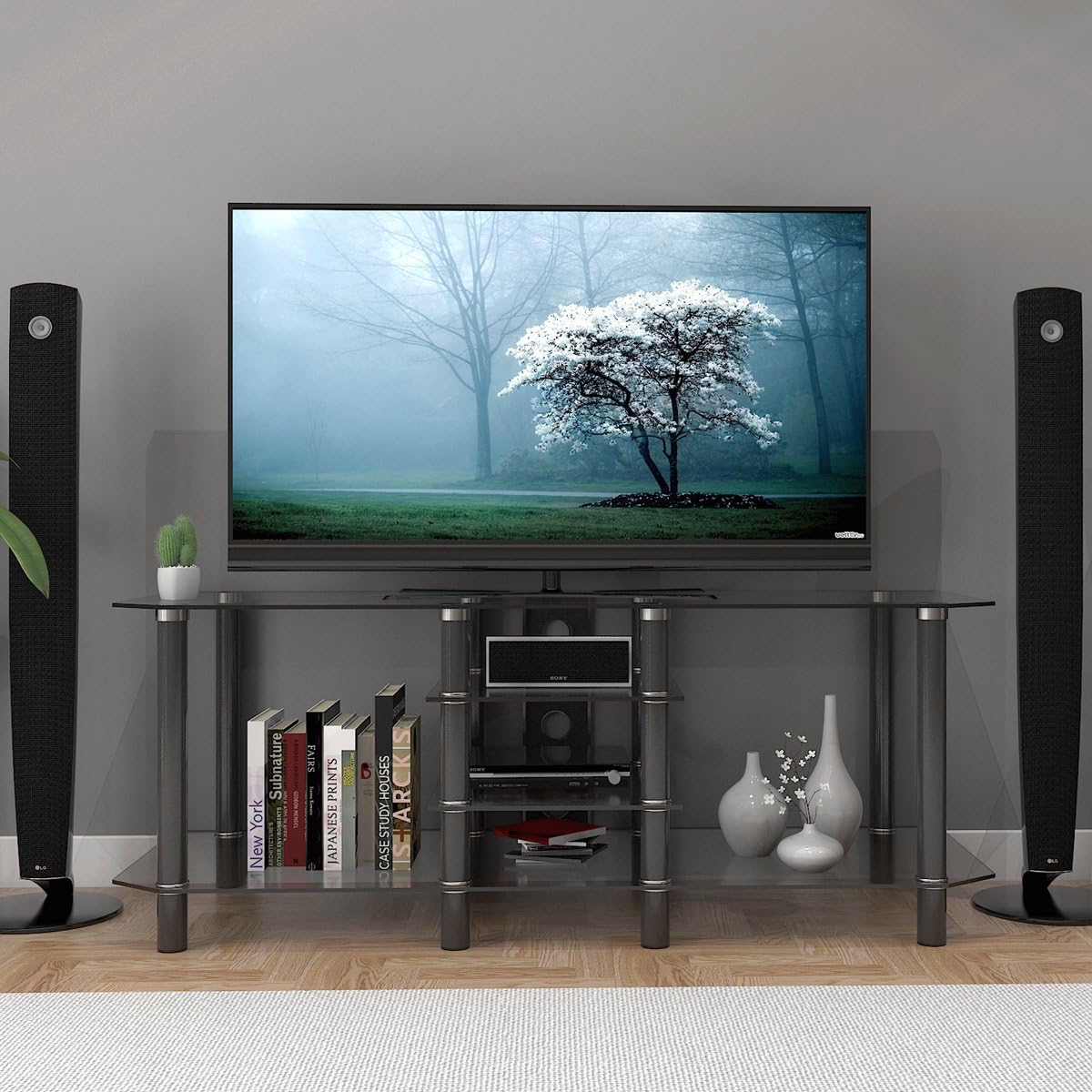 Ryan Rove Salerno 60 Inch Glass and Metal TV Stand in Black with Cable Management