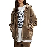 Wyeysyt Women Zip Up Hoodie Oversized Acid Wash Vintage Fleece Sweatshirt Heavyweight Cotton Casual Jackets(Brown-XL)