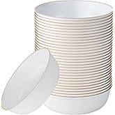 [30 Pack 16 OZ Bowls] Edge Collection White with Gold Rim Plastic Party Soup Bowls Premium heavyweight Elegant Disposable Tableware Dishes