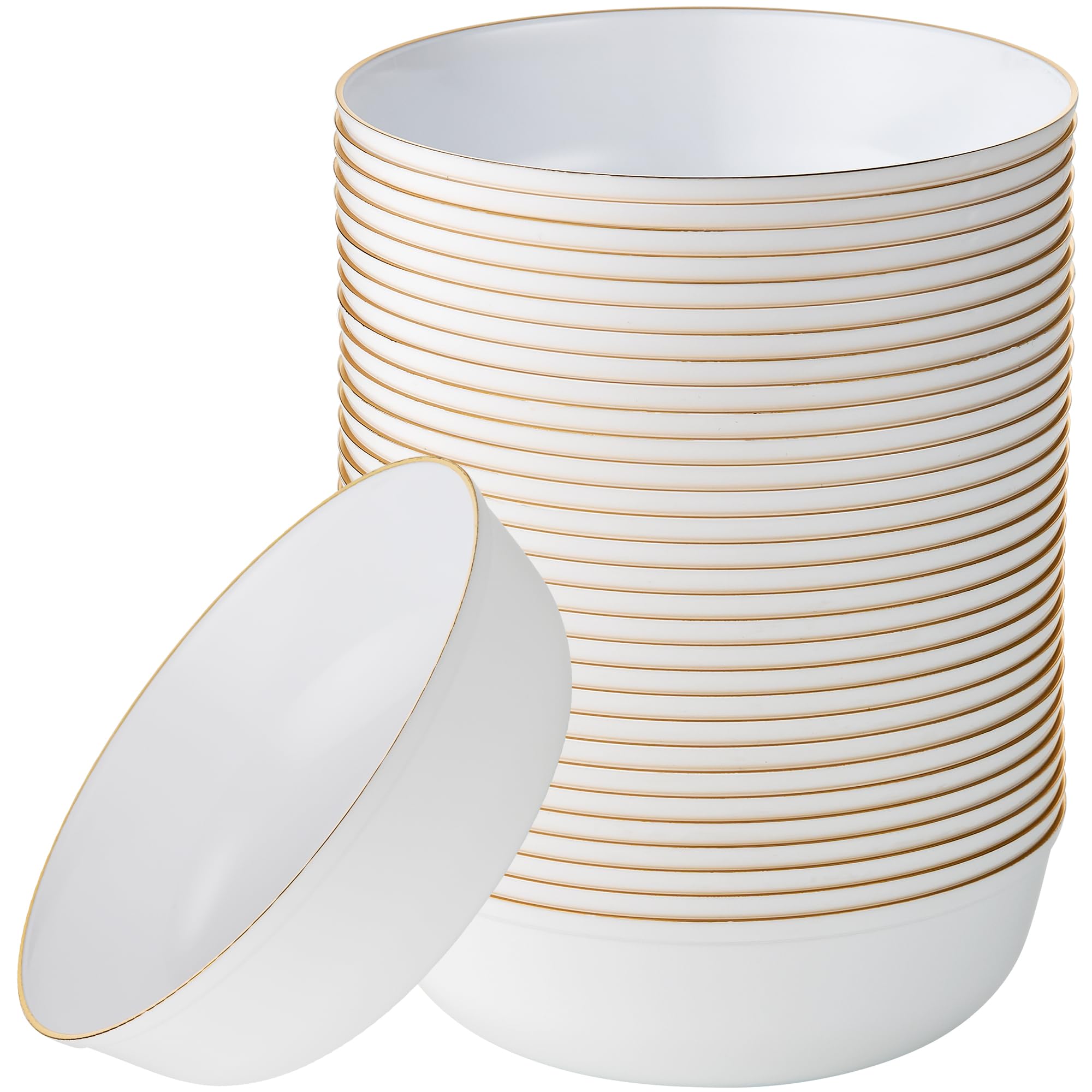 Photo 1 of [30 Pack 16 OZ Bowls] Edge Collection White with Gold Rim Plastic Party Soup Bowls Premium heavyweight Elegant Disposable Tableware Dishes