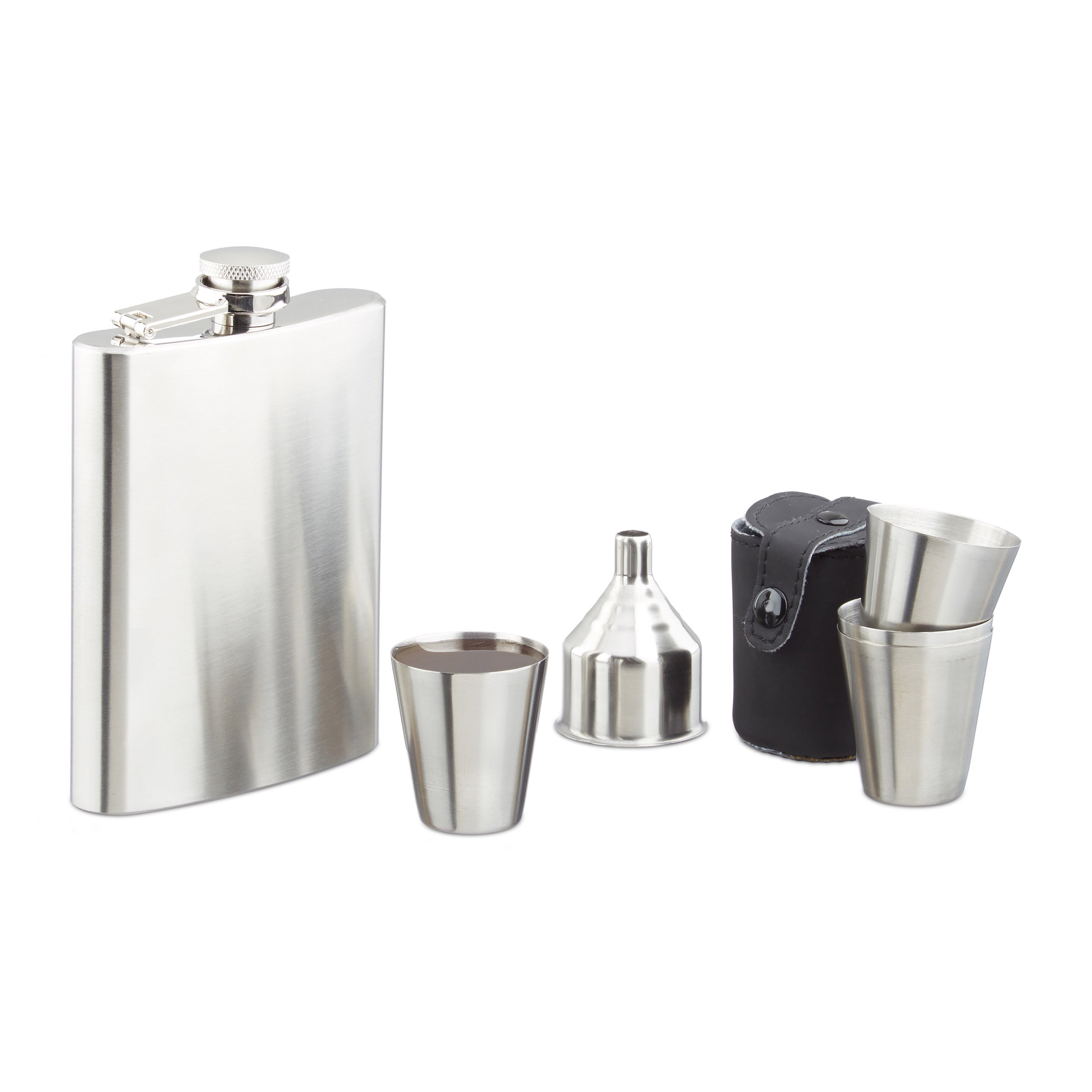 Relaxdays 7-Piece Stainless Steel Flask Set, 200 ml Flask with Funnel and 4 Cups for Camping and Festivals, Silver