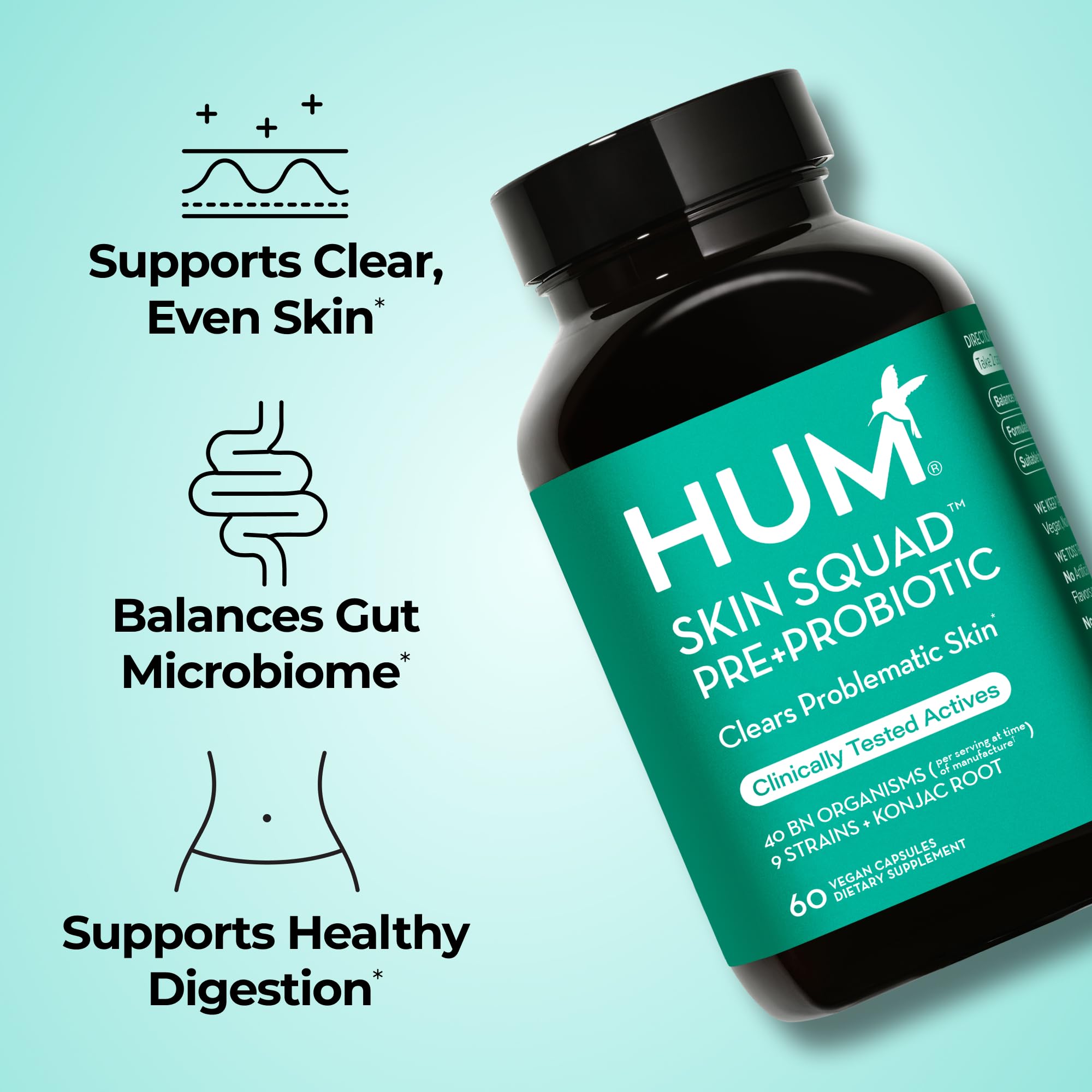 HUM Skin Squad - Probiotic Supplement for Clear Skin & Gut Health - Microbiome Probiotics for Breakouts (60-Count)