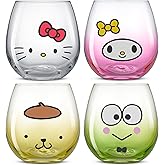 JoyJolt Sanrio Hello Kitty & Friends Hello Sippy Drinking Glasses, 15 oz Stemless Glass Cups Set of 4 ft Hello Kitty Keroppi My Melody Pompompurin, Cute Glasses for Water, Juice, Kawaii Tumbler