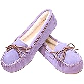 PEDOQU Women's Moccasin Slippers Cow Suede Warm Faux Fur Pile Lined Lace-Up Cozy Bow Indoor & Outdoor Moccasins Slip On Loafers Shoes for Women
