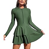 ZAFUL Women's One Piece Rash Guard Long Sleeve Modest Swimsuits Dress Zipper Bathing Suit Swimskirt