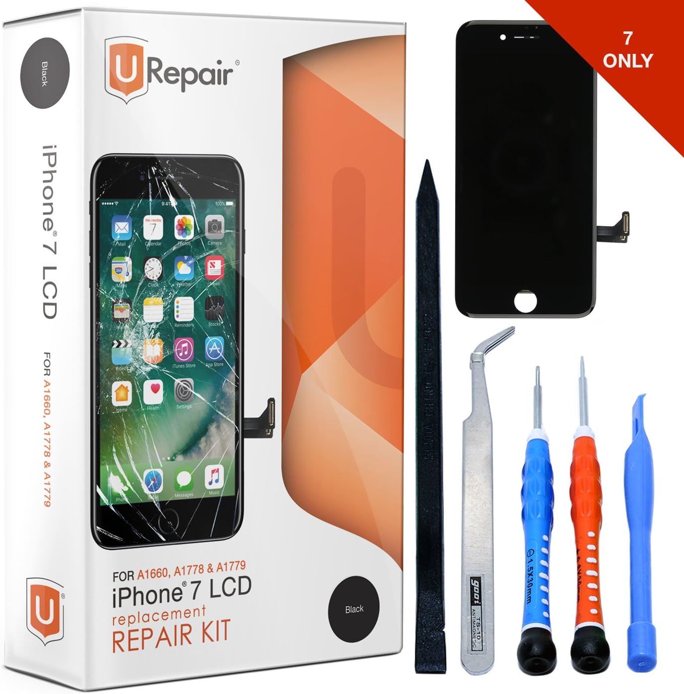iPhone 7 (4.7 inch) Screen Replacement - Black - LCD Display Assembly with Repair Tool Kits - Full Set with Easy Workflow - Touch Panel incl. - All Networks - with Glass Screen Protector