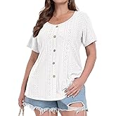 MONNURO Womens Plus Size Tops Summer Eyelet Short Sleeve Tunic Shirts Button Decor Loose Casual Blouses for Leggings(White,3X)
