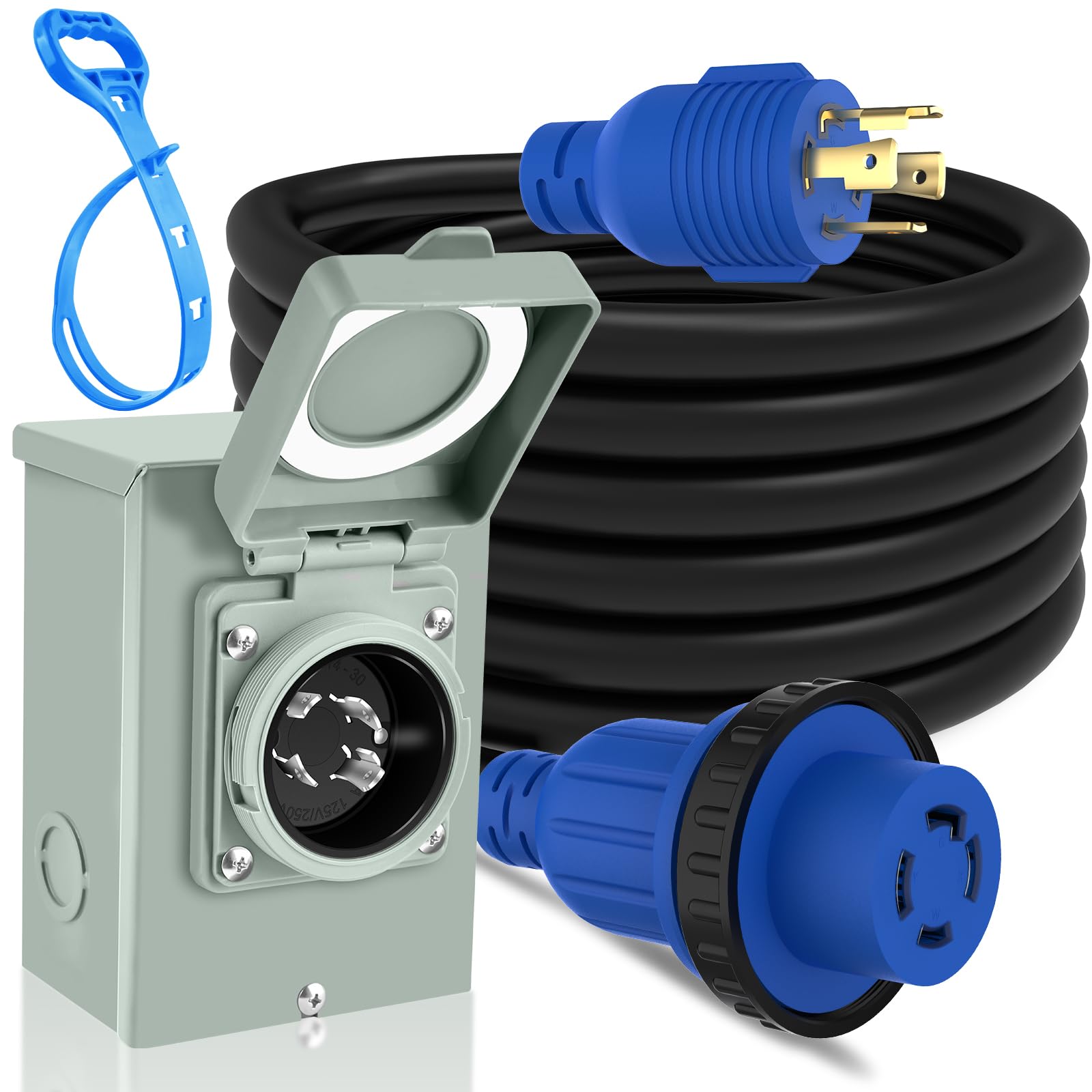 PAULINN 30 Amp Generator Cord (15 FT) and 30Amp Generator Power Inlet Box, NEMA L14-30P to L14-30R Twist Locking Adapter Plug & Cord Organizer, ETL Listed, Weatherproof, Emergency Power Combo Kit Image