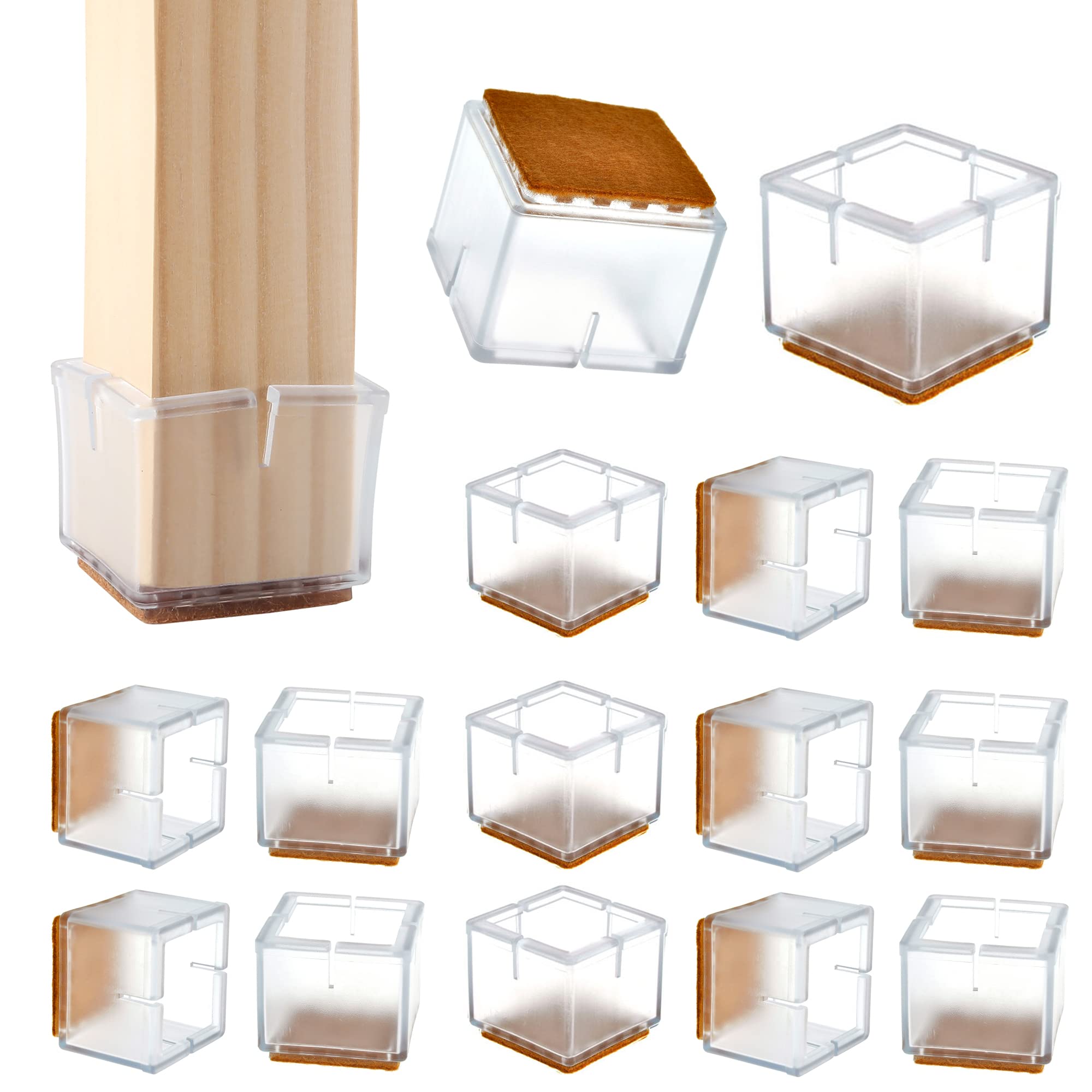 Photo 1 of WarmHut 16 Pcs Chair Leg Floor Protectors Caps, Transparent Clear Furniture Foot Covers Silicone Chair Leg Caps with Felt Pads to Prevent Scratches & Reduce Noise, Square
