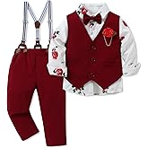 WESIDOM Toddler Boy Clothes Suit,Formal Dress Shirt+Bowtie+Vest+Boutonniere+Pants Boys Gentleman Wedding Outfits Set(Red+3-4T)