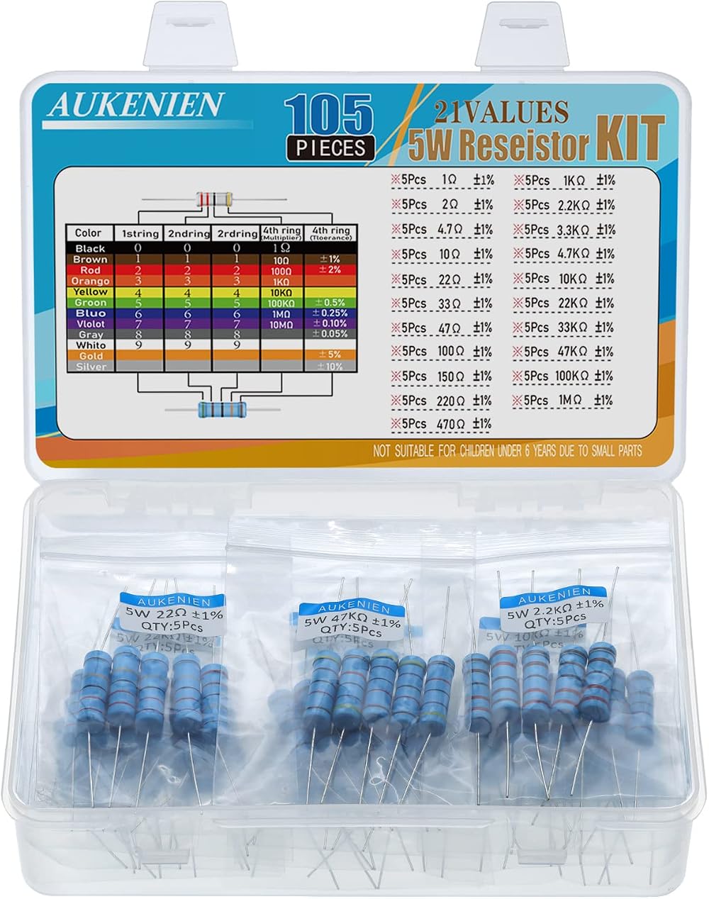 AUKENIEN 5W Resistor Kit 21 Values 105pcs Metal Film Assortment RoHS ±1%
