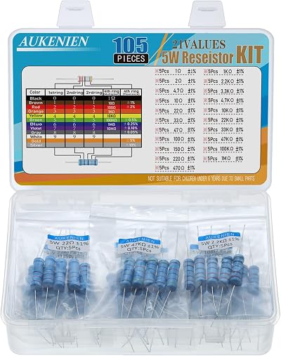 AUKENIEN 5W Resistor Kit 21 Values 105pcs Metal Film Assortment RoHS ±1%