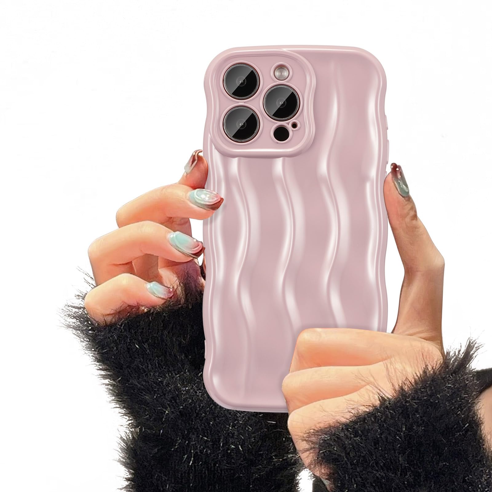 UEEBAI Water Ripple Pattern Curly Phone Case for iPhone 12 Pro Max 6.7 inch, Stylish Pretty Cute Wave Frame Soft Case 3D Protective Cover Shockproof Case for Women Girls Slim Case - Pink