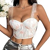YCBENYANG Women's Floral Corset Crop Top Push Up Bustier Tops Back Lace-Up Sheer Mash Strap Club Party Embroidery Cami Top