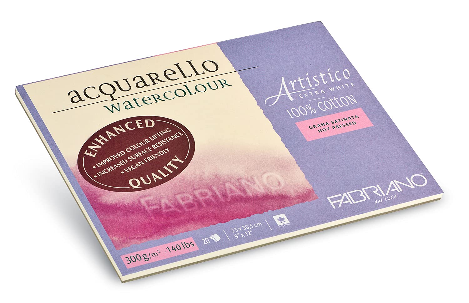 Honsell Fabriano Artistico Acquarello Watercolour, Extra White, Satin Hot Pressed, 23 x 30.5 cm, 20 Sheets 300 g/m² Artist Watercolour Cardboard, Glued on 4 Sides, Vegan
