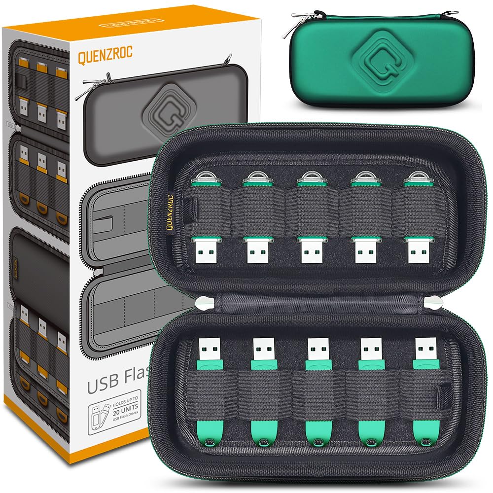 QUENZROC USB Flash Drive Case Organiser Fits 20 Thumb Drives USB Sticks Holder Hard Storage Case Portable Box Travel Carrying Pouch Deluxe Green