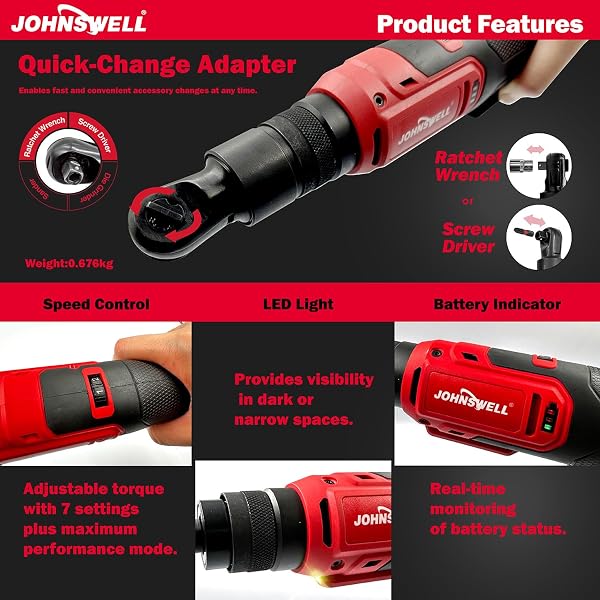 JOHNSWELL 12V CORDLESS BRUSHLESS RATCHET WRENCH + DIE GRINDER + SCREWDRIVER KIT(3-IN-1), 7-SPEED CONTROL,18,000 RPM, 2 BATTERIES