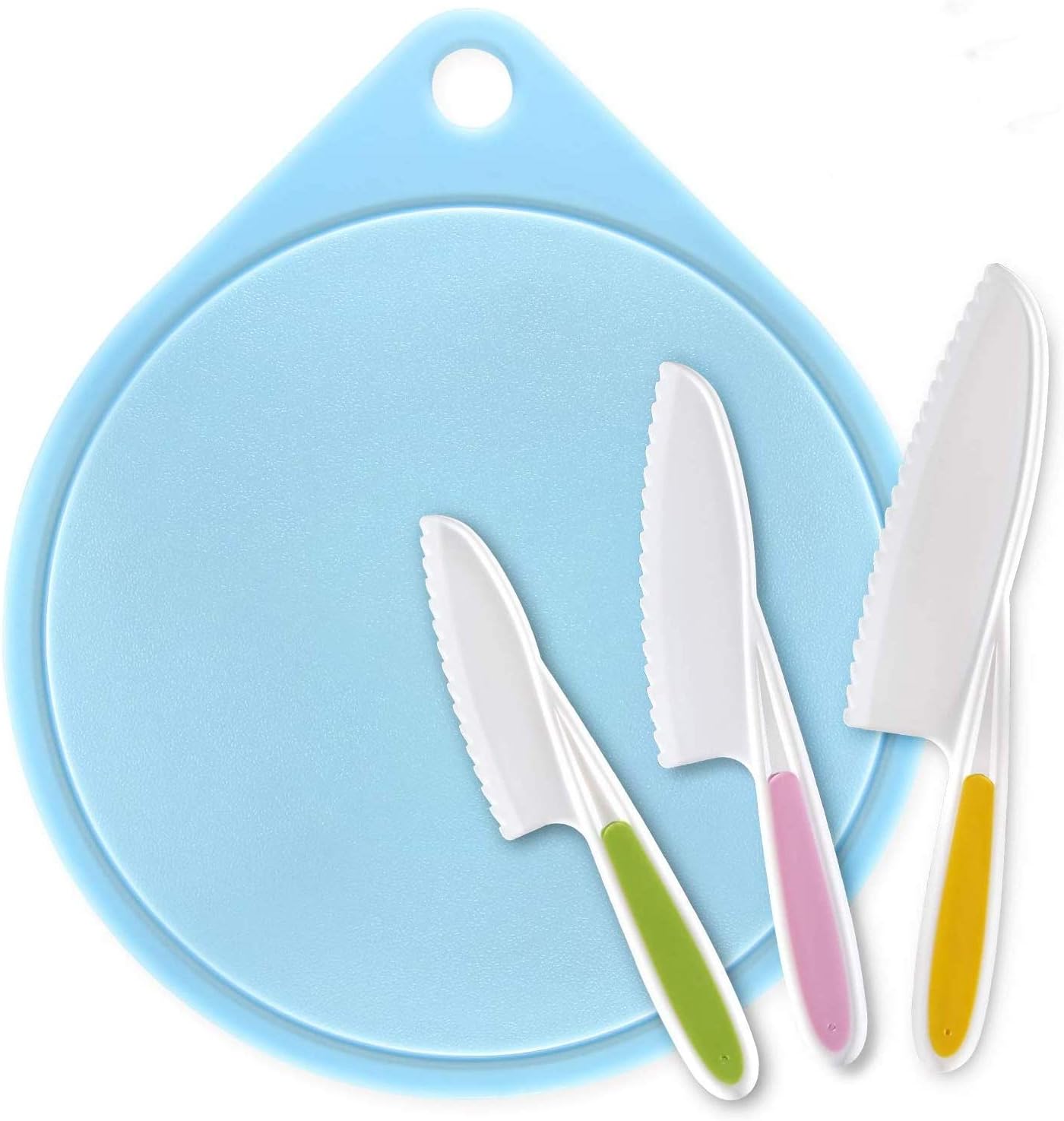 LEEFE Kids Knife Set for Cooking, with Cutting Board, Safe Lettuce and Salad Knives, Kids Cooking Utensils (Blue Round)