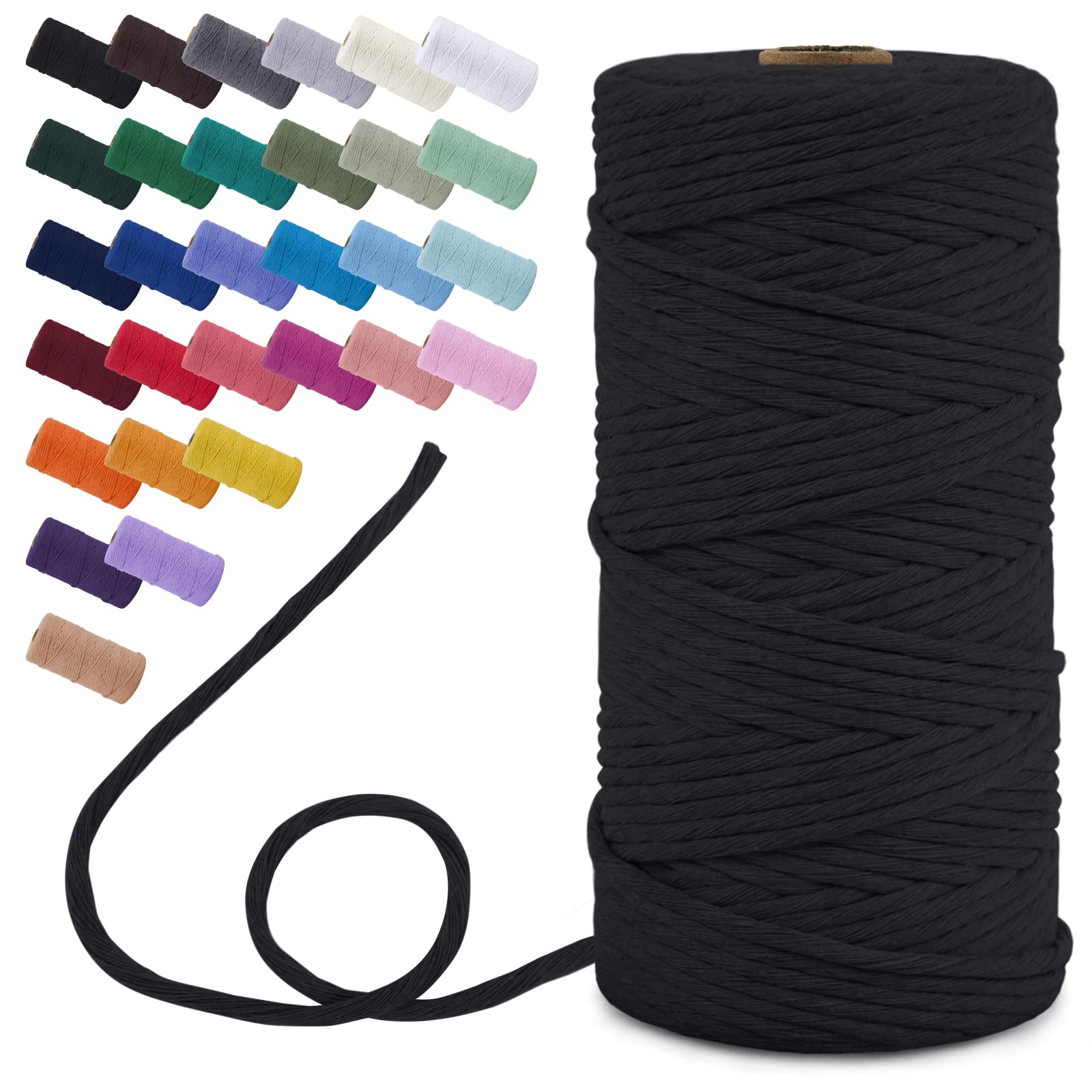 Uiopa Macrame Cord 3mm x 100m, Single Strand Macrame Yarn Thick Thread Natural Cotton Cord, Coloured Macrame Craft String for DIY Crafts, Wall Hanging, Plant Hanger, Tassels (Black)