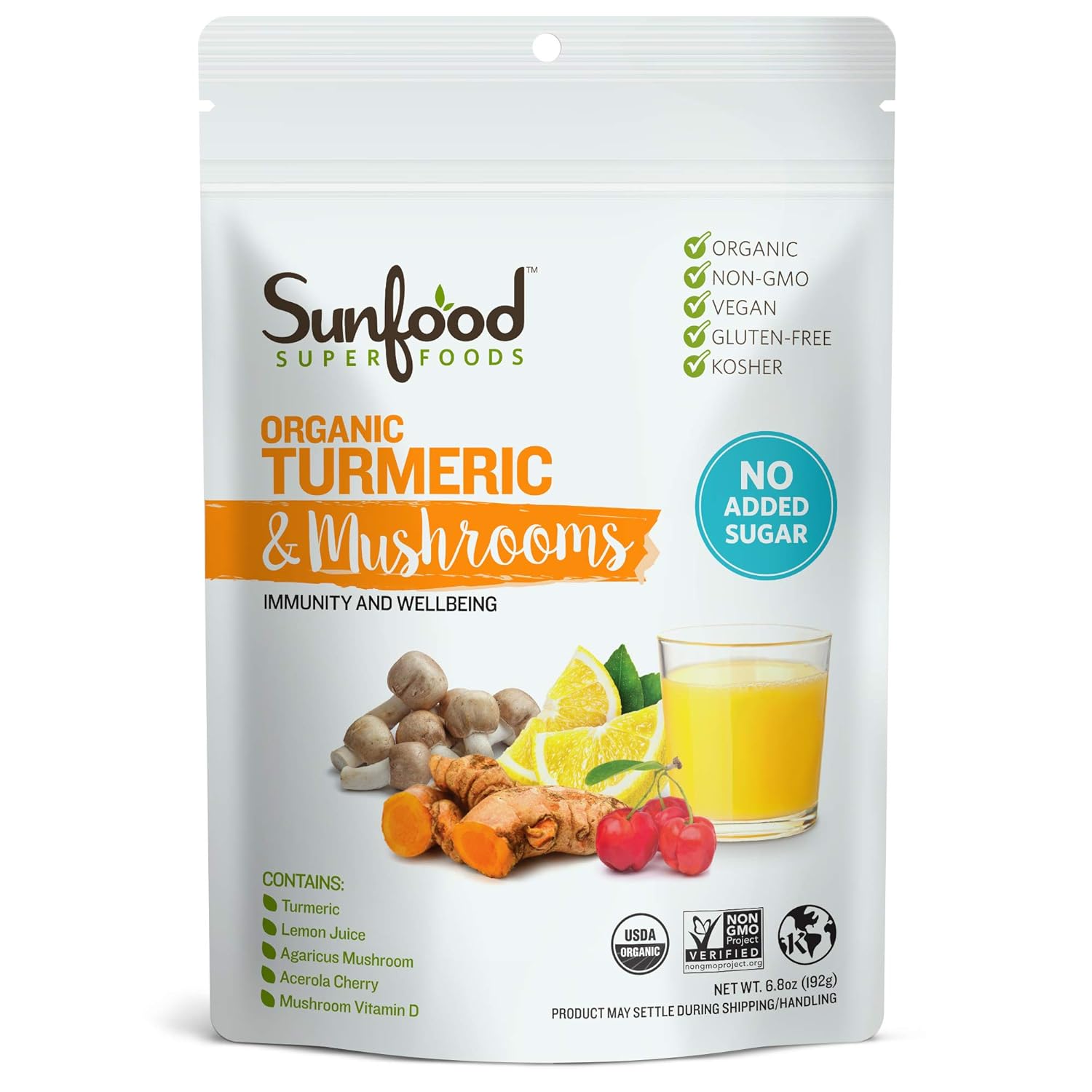 Sunfood Superfoods Turmeric & Mushrooms | All-Natural, Plant-Based Powdered Drink Mix | Immunity & Wellbeing | Organic, Non-GMO, Vegan, Gluten-Free | No Sugar Added | 6.8 oz Bag