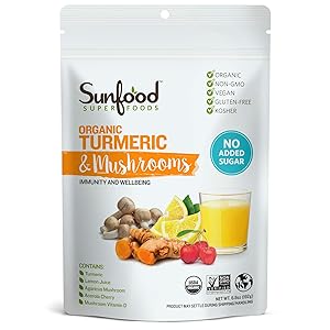 Sunfood Superfoods Turmeric & Mushrooms | All-Natural, Plant-Based Powdered Drink Mix | Immunity & Wellbeing | Organic, Non-GMO, Vegan, Gluten-Free | No Sugar Added | 6.8 oz Bag