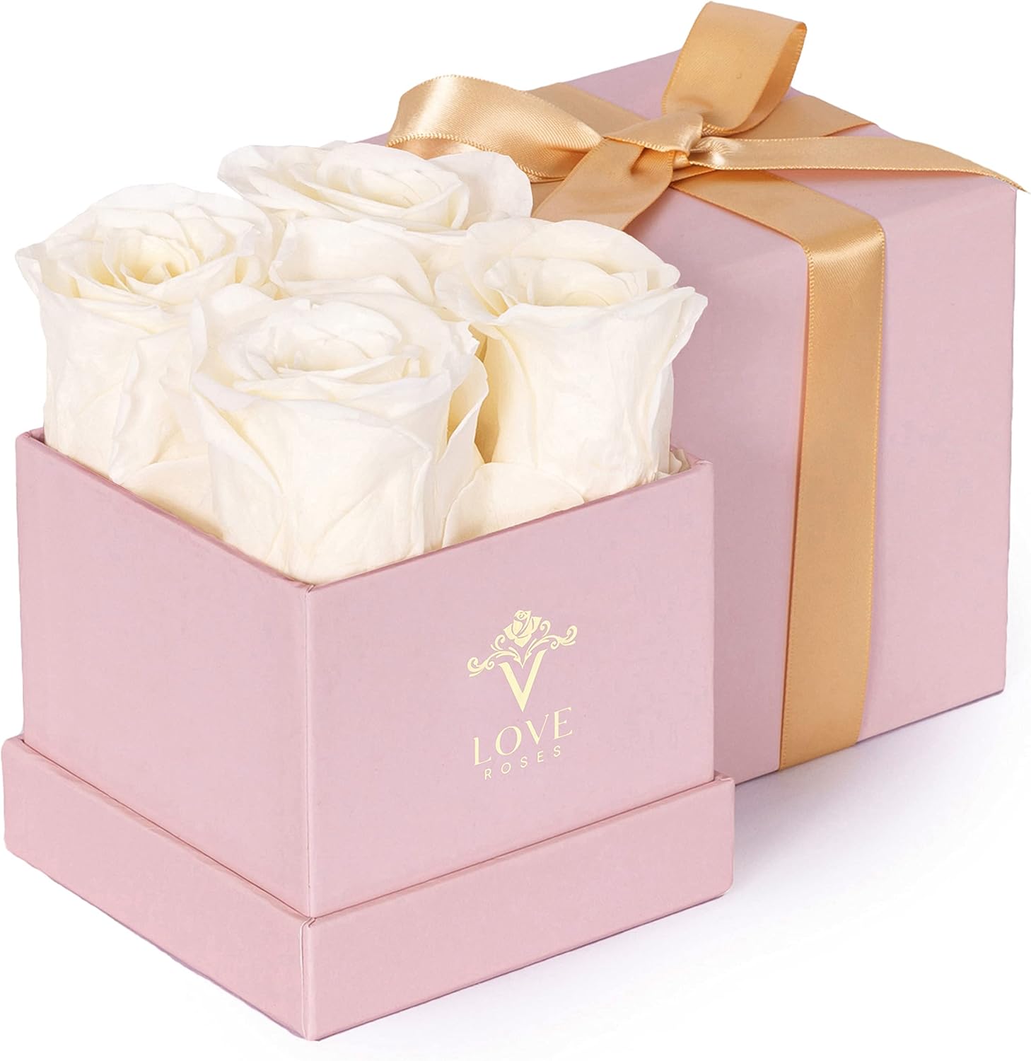 Dried & Preserved Flora - VLove® Forever Preserved Roses in a Box | Real, Long Lasting Roses That Last Over A Year | Handcrafted Eternal Preserved Flowers | Perfect Valentines Day Gifts for Her | Pink Box with 4 White Roses