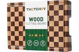 THETCHRY End Grain Cutting Boards for Kitchen, Wooden Cutting board, Acacia Wood Chopping Board with Juice Groove & Handle, B