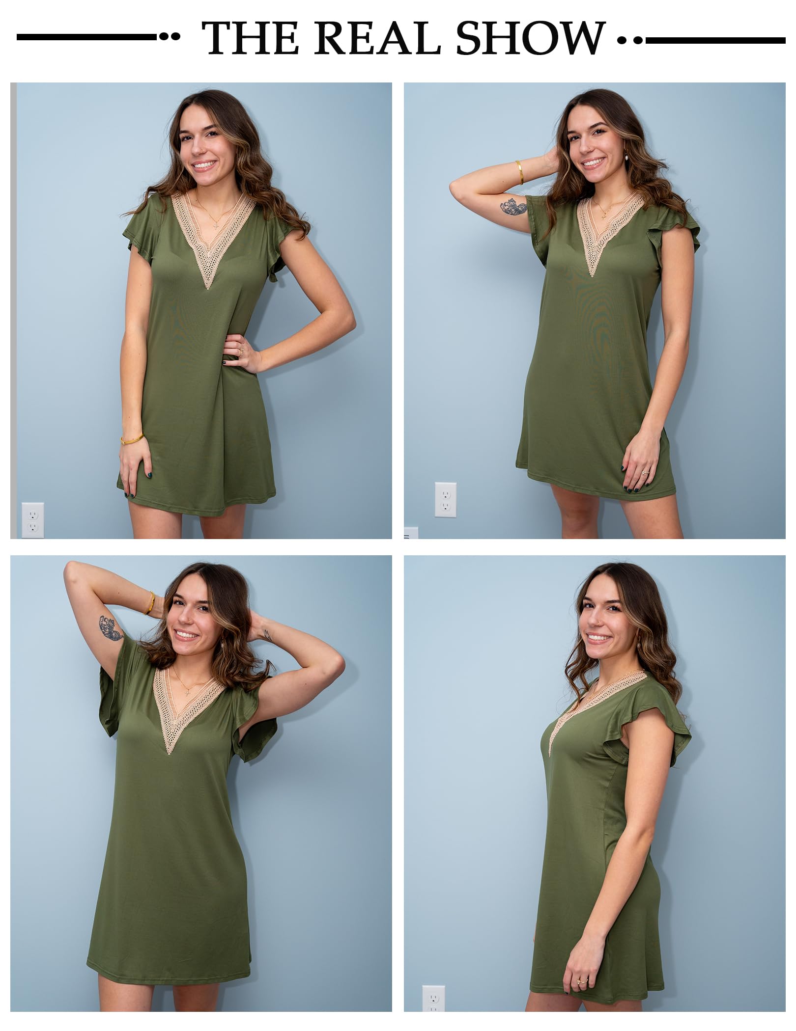 Ekouaer Nightgowns for Women Flare Short Sleeve Sleepshirt Guipure Lace V Neck Sleepwear Soft Pj Dress Night Shirt Army Green M