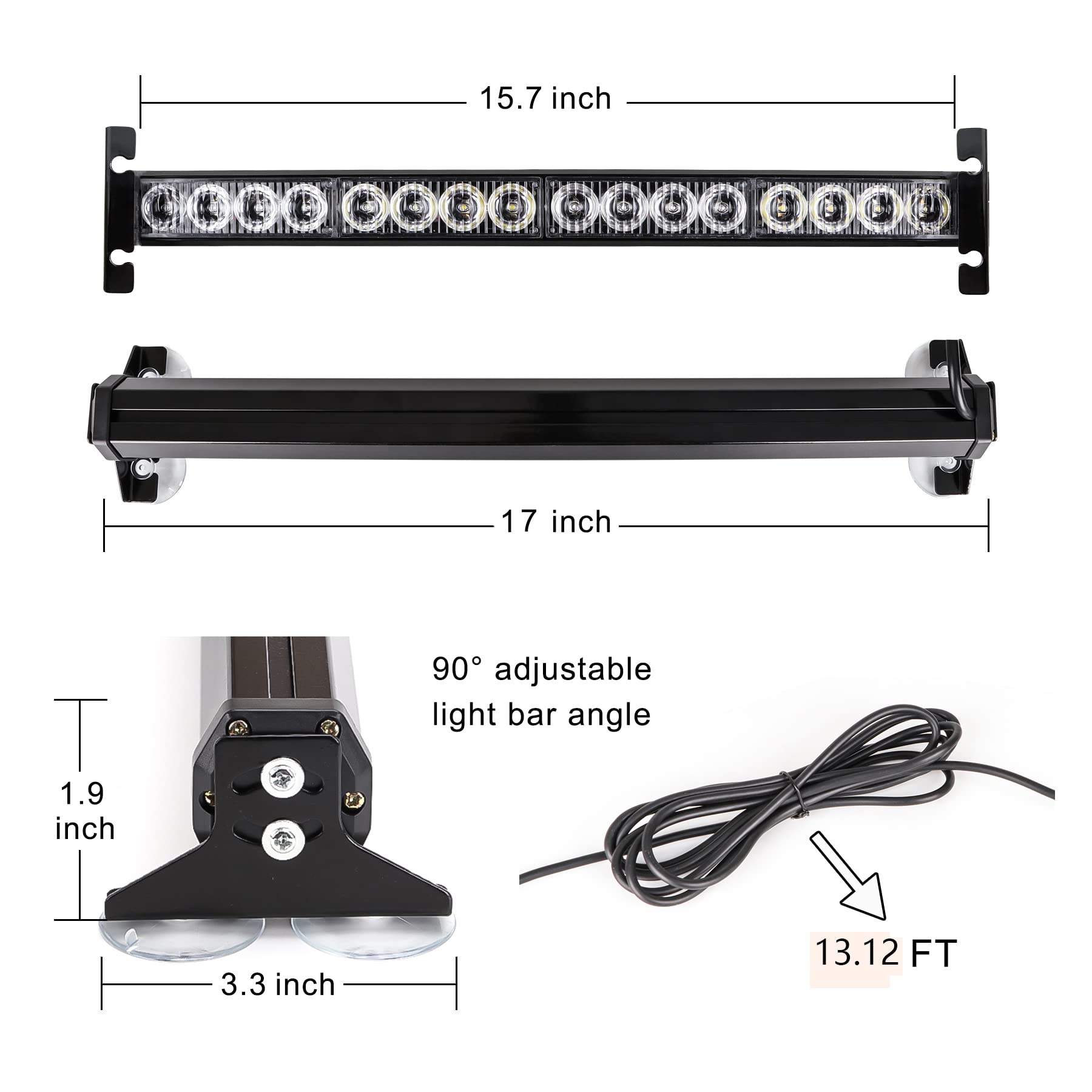 Upgrade 2 in 1 Police Strobe Lights Bar for Vehicles Trucks 23 Flash Patterns 17inch 32 LEDs Red and Blue Emergency Hazard Warning Light with Cigar Lighter 2 Install Methods