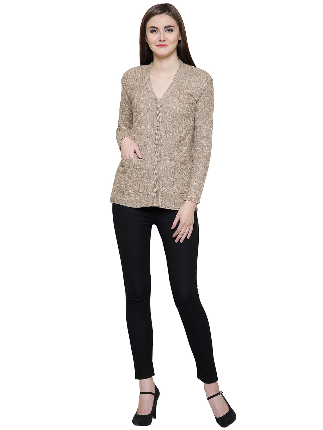 matelco beige women's woollen buttoned v-neck cardigan/sweater for winter